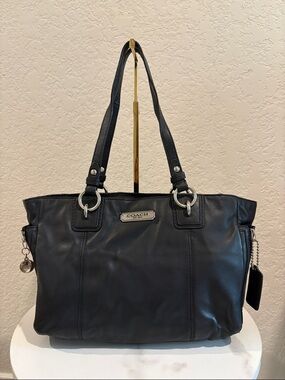 Coach Black Leather Shoulder Tote with Silver Hardware